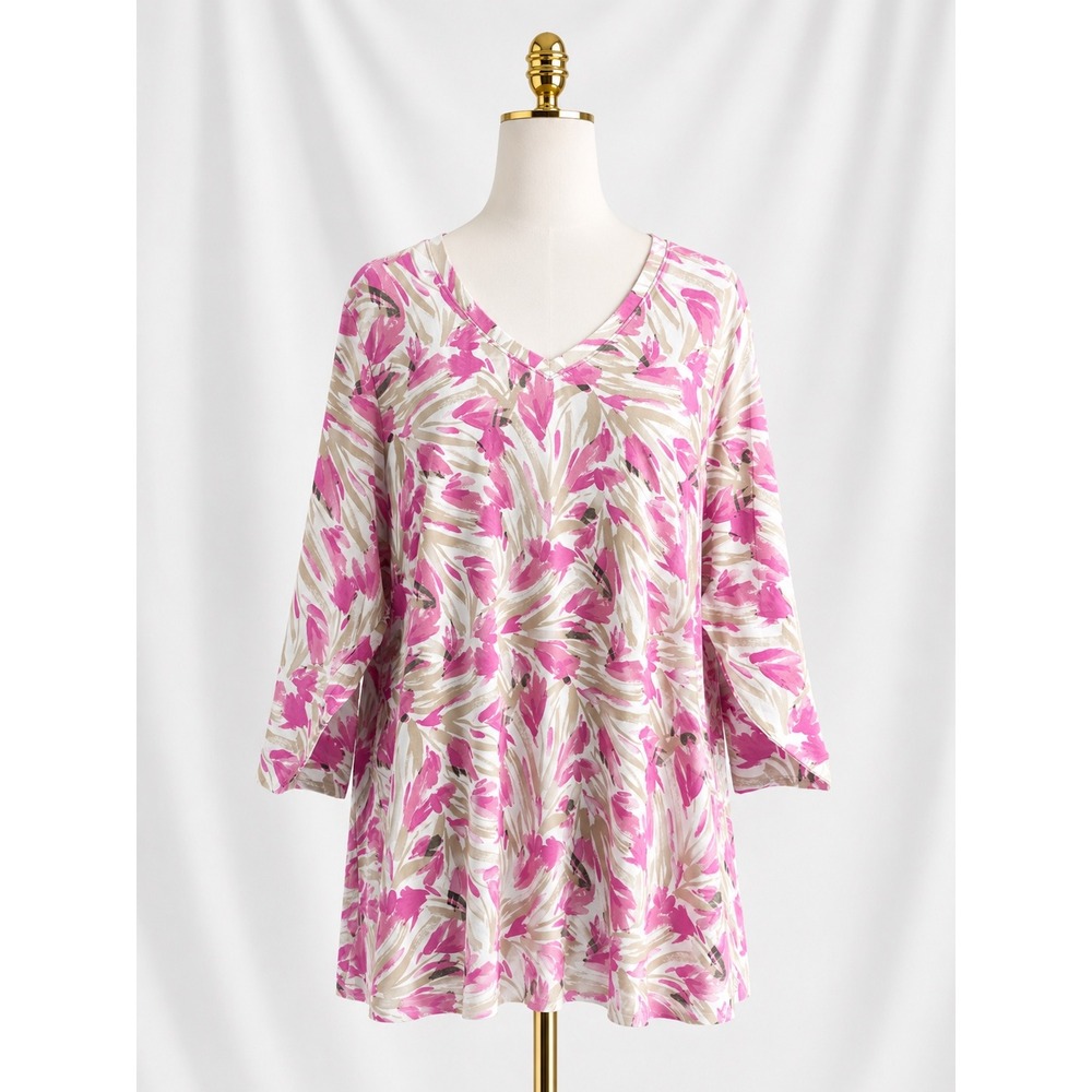 Denim & Co. Printed Jersey 3/4 Sleeve Swing Top Size 3X Pink Floral Stretch